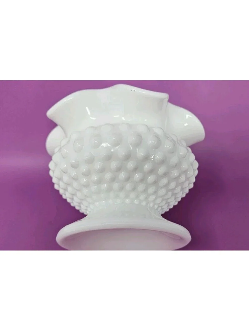 Vintage Fenton OVG Hobnail Milk Glass Vase/Rose Bowl Footed Ruffled Edge